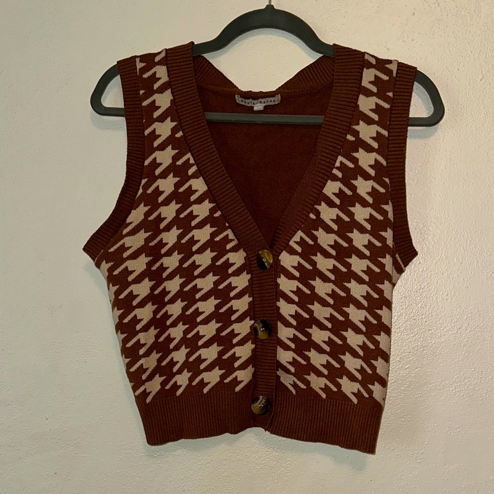 Haute Monde Brown and Cream Houndstooth Crop Top